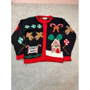 Sweater Loft Vintage Christmas Candy Shop Gingerbread Cardigan Black Red Small